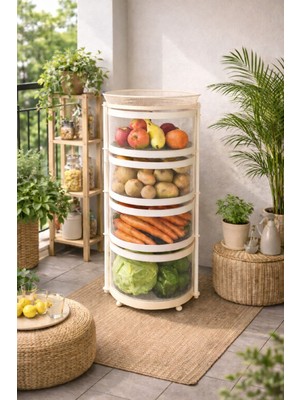 Doremcy 4  Katlı Dönerli Sebzelik Meyvelik Patateslik Soğanlık Metal Depolama Rafı 78×34 cm Çok Amaçlı Mutfak Organizer Siyah-Beyaz-Krem