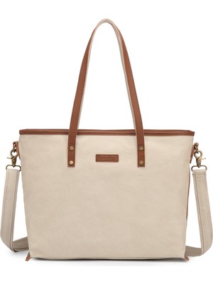 Smart Bags Bej Kadın Omuz Çantası Büyük Boy Kanvas Kumaş Hakiki Deri Detaylı