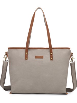 Smart Bags Koyu Gri Kadın Omuz Çantası Büyük Boy Kanvas Kumaş Hakiki Deri Detaylı