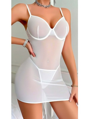 Aesco Arias Closet Beyaz Arkası Ip Detaylı Fantezi Tül Gecelik