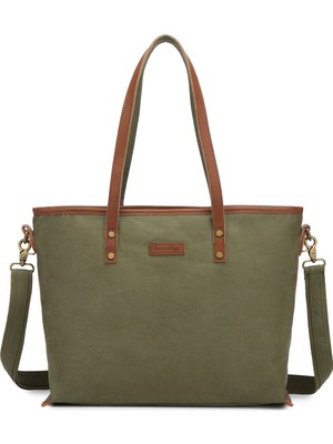 Smart Bags Haki Kadın Omuz Çantası Büyük Boy Kanvas Kumaş Hakiki Deri Detaylı