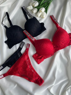 Gold Night Kadın Dantelli Taşlı Destekli Dolgulu Push Up Sütyen Takımı Iç Çamaşırı Takımı Ikili Paket Avantajlı