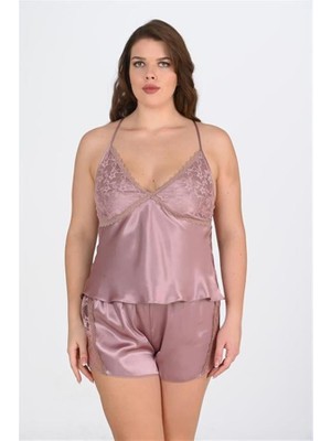 Aesco Arias Closet Büyük Beden Dantel Işlemeli Vizon Saten Şort Takımı