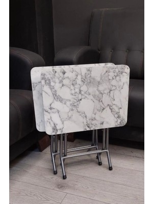 Can Vista Home Katlanabilir Beyaz Mermer Desenli 2'li Zigon Sehpa