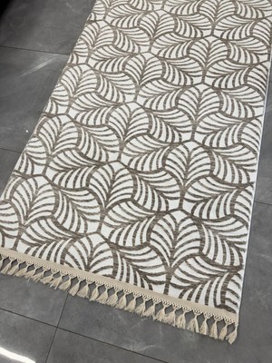 Dinarsu Halı Dinarsu Elit Halı Samira Kahve Kaymaz Taban Yolluk Makinede Yıkanabilir Halı Krem Düğüm Saçaklı