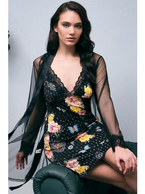 Aesco Arias Closet Tül Sabahlık ve Viskon Çiçek Baskılı Dantelli Kısa Gecelik Takım