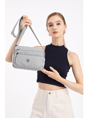 Smart Bags Gri Kadın Omuz Çantası Hafif Kumaş Çok Cepli Çapraz Uzun Askılı