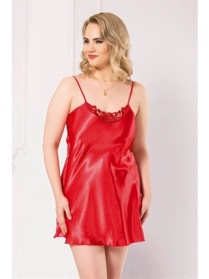 Aesco Arias Closet Büyük Beden Kırmızı Kısa Saten Gecelik