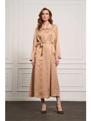 Misswhence Cep ve Fermuar Detaylı Chanel Keten Pardesü Camel 37515