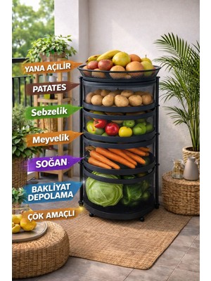Doremcy 4  Katlı Dönerli Sebzelik Meyvelik Patateslik Soğanlık Metal Depolama Rafı 78×34 cm Çok Amaçlı Mutfak Organizer Siyah-Beyaz-Krem