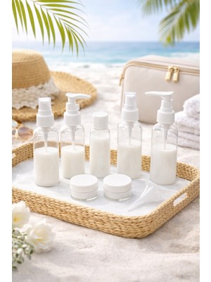 Safestore 10 Parça Özel Çantalı Seyahat Şişe Seti Tatil Seyahat Çantası Krem Şampuan Şişesi