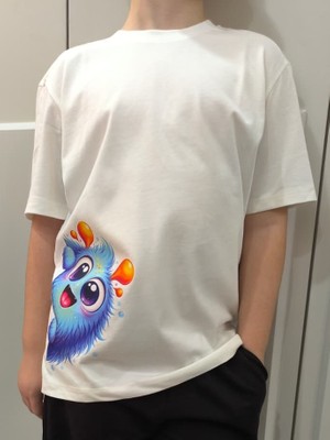 Pidal Giyim Sevimli Canavar Temalı Renkli Baskılı Pamuklu Yumuşak Dokulu Kısa Kollu Unisex Çocuk Tişört