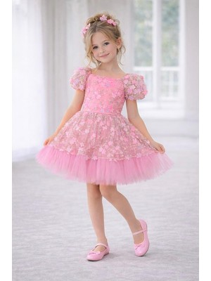Dıgıl Kids Kız Çocuk Pembe Çiçek Desenli Elbise