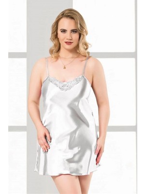 Aria's Closet Arias Closet Büyük Beden Beyaz Kısa Saten Gecelik