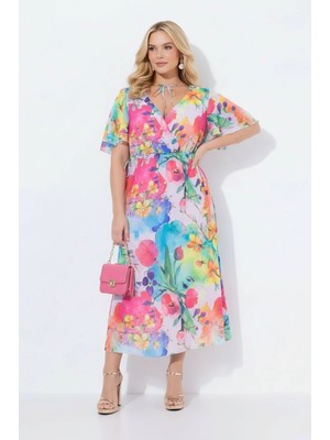 Mamayaga Kadın V Yaka Belden Oturmalı Çiçekli Şık Abiye Curve Büyük Beden Gece Elbise