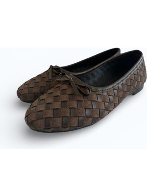 Noliva Kadın Süet ve Suni Deri Mix Dokulu Örgü Desenli Fiyonklu Babet