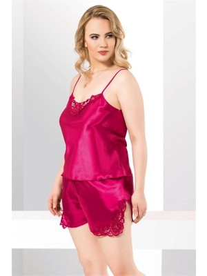Aria's Closet Arias Closet Büyük Beden Vişne Saten Babydoll Şort Takımı