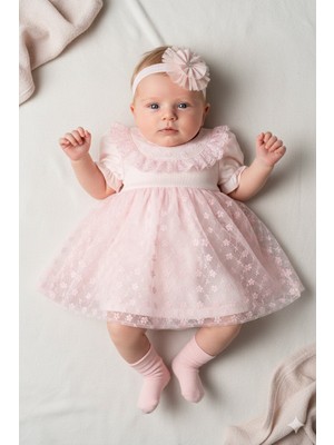 Miniday Baby Kız Bebek Mevlütlük Elbise Yazlık Bandanalı Dantelli Yeni Doğan Hastane Çıkışı Gelinlik Abiye 4014