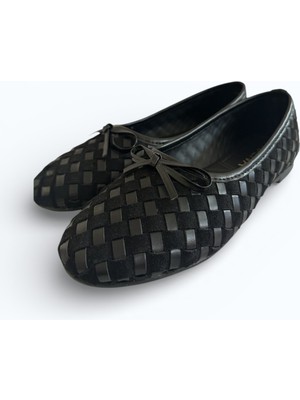 Noliva Kadın Süet ve Suni Deri Mix Dokulu Örgü Desenli Fiyonklu Babet