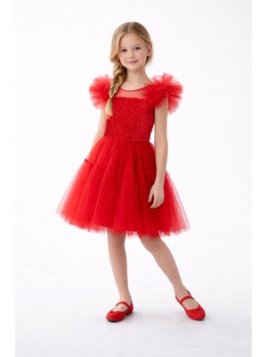 Dıgıl Kids Kız Çocuk Kırmızı Tül Elbise