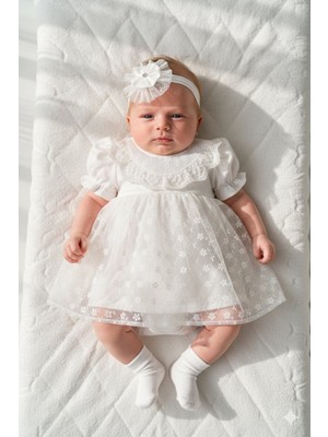 Miniday Baby Kız Bebek Mevlütlük Elbise Yazlık Bandanalı Dantelli Yeni Doğan Hastane Çıkışı Gelinlik Abiye 4014