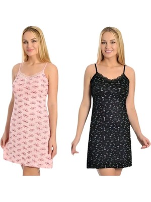 Gold Night Kadın Dantelli Ip Askılı Likralı Penye Gecelik Ikili Paket