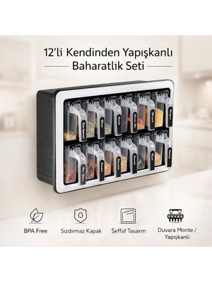 Eba Home Standlı 12 Li Kendinden Yapışkanlı Kaşıklı Kapaklı Baharatlık Takımı-Etiketli Kulplu Baharatlık