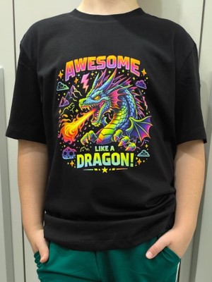 Pidal Giyim Ejderha Temalı Neon Baskılı Pamuklu Yumuşak Dokulu Kısa Kollu Erkek Çocuk Tişört