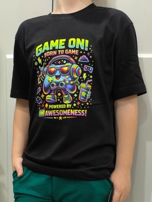 Pidal Giyim Oyun Konsolu Temalı Neon Baskılı Pamuklu Yumuşak Dokulu Kısa Kollu Erkek Çocuk Tişört