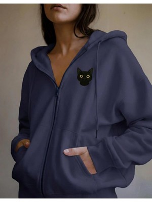 Muhtar Store Kadın Siyah Kedi Baskılı Tam Boy Fermuarlı Oversize Hoodie