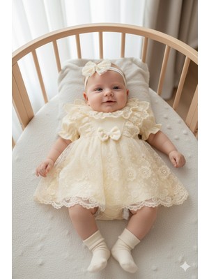 Miniday Baby Kız Bebek Mevlütlük Elbise Yazlık Bandanalı Dantelli Yeni Doğan Hastane Çıkışı Gelinlik Abiye 4012