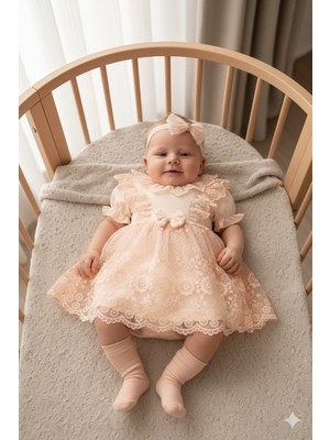 Miniday Baby Kız Bebek Mevlütlük Elbise Yazlık Bandanalı Dantelli Yeni Doğan Hastane Çıkışı Gelinlik Abiye 4012