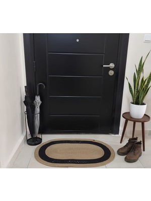 Mtg Jüt Tasarım Hasır Renk Siyah Desenli Oval Paspas