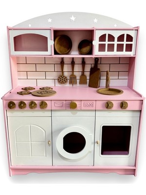 Buradadavar Hobi Ahşap Ahşap Büyük Boy Montessori Oyuncak Rol Yapma Mutfak Seti Tabak+Spatula Hediye