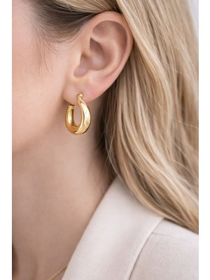 925 Ayar Gümüş Gold Renk Kalın Bombeli Halka Küpe Tombul Halka Küpe