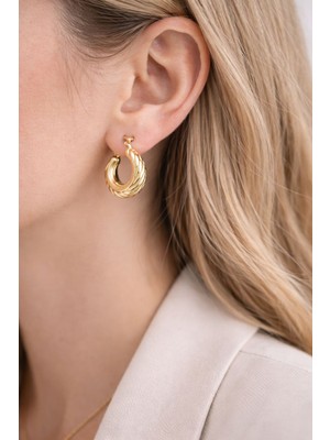 925 Ayar Gümüş Gold Renk Kruvasan Halka Küpe Vintage Burgu Model Minimal Küpe