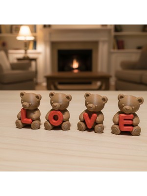 Riva Self Harf Tutan 4'lü Ayıcık Seti Kahverengi - Kırmızı Masaüstü Dekoratif Biblo Seti