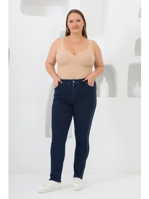 Rmg Yanları Taş Baskılı Büyük Beden Kot Pantolon Lacivert