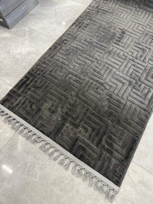 Merinos Halı Merinos Rölyef Halı Çeşme Antrasit Kaymaz Taban Yolluk Makinede Yıkanabilir Halı Gri Düğüm Saçaklı