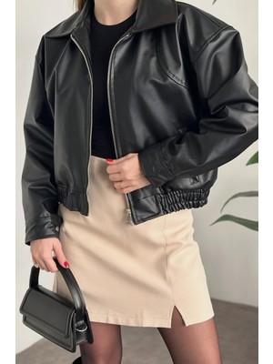 Prifaldi Yeni Sezon Oversiz Belden Lastikli Bomber Deri Ceket Siyah