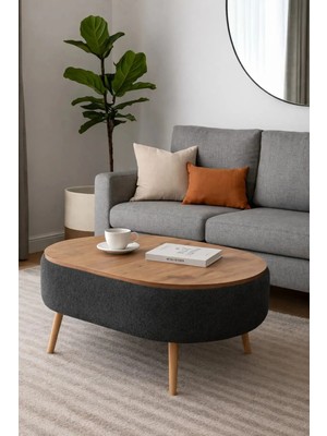 Own Home Luno Orta Sehpa, Teddy Kumaş Kaplamalı Ahşap Ayaklı Yuvarlak Orta Sehpa, Modern Orta Sehpa