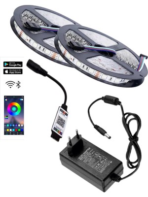 Powerr Led Aydınlatma 10 Metre 12V 60 Ledli Rgb Iç Mekan Şerit LED 5A Priz Tipi Plastik Adaptör Bluetoothlu Telefondan LED Kontrol Üniteli Set