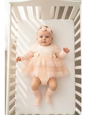 Miniday Baby Kız Bebek Mevlütlük Body Elbise Bandanalı Dantelli Yeni Doğan Hastane Çıkışı Gelinlik Abiye 6010