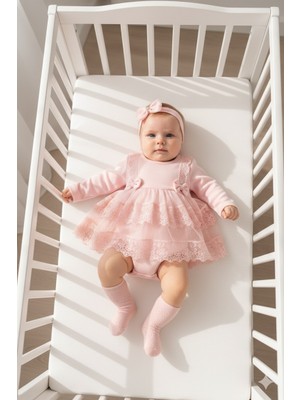 Miniday Baby Kız Bebek Mevlütlük Body Elbise Bandanalı Dantelli Yeni Doğan Hastane Çıkışı Gelinlik Abiye 6010