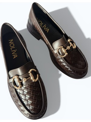 Noliva Kadın Örgü Desenli Gold Zincir Tokalı Kalın Tabanlı Loafer Ayakkabı