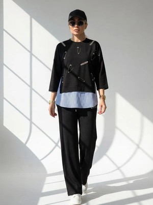 Mint 7538 Çengelli Çizgili Penye Detaylı Takım Siyah