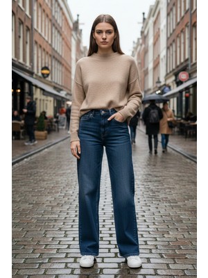 Twister Viola 9473-03 Tint Bluıe Rahat Kalıp Geniş Paça Likralı Kadın Kot Pantolon Mavi