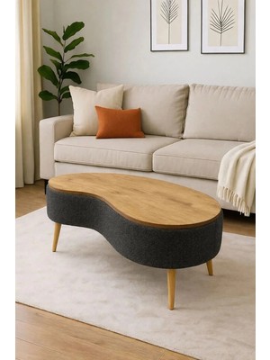 Vera Doğal Formlu Orta Sehpa, Teddy Kumaş Kaplamalı Ahşap Ayaklı Orta Sehpa, Çam Yüzey