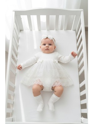 Miniday Baby Kız Bebek Mevlütlük Body Elbise Bandanalı Dantelli Yeni Doğan Hastane Çıkışı Gelinlik Abiye 6010