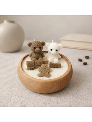 WAXERA Premium Dekoratif Soya wax Mum – Kahve Karamel Kokulu Ahşap Kaseli Mini Ayıcık Tasarım |